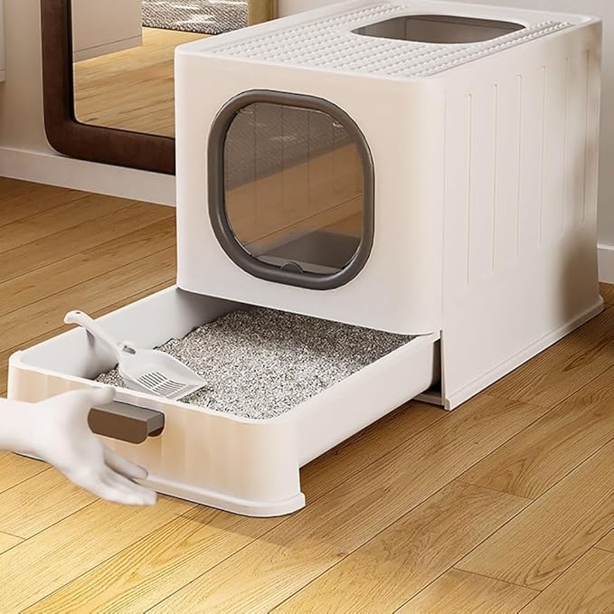 Pet Supplies, Enclosed Cat Litter Box with Door & Scoop, Large Top Entry Anti-Splash(Gray)