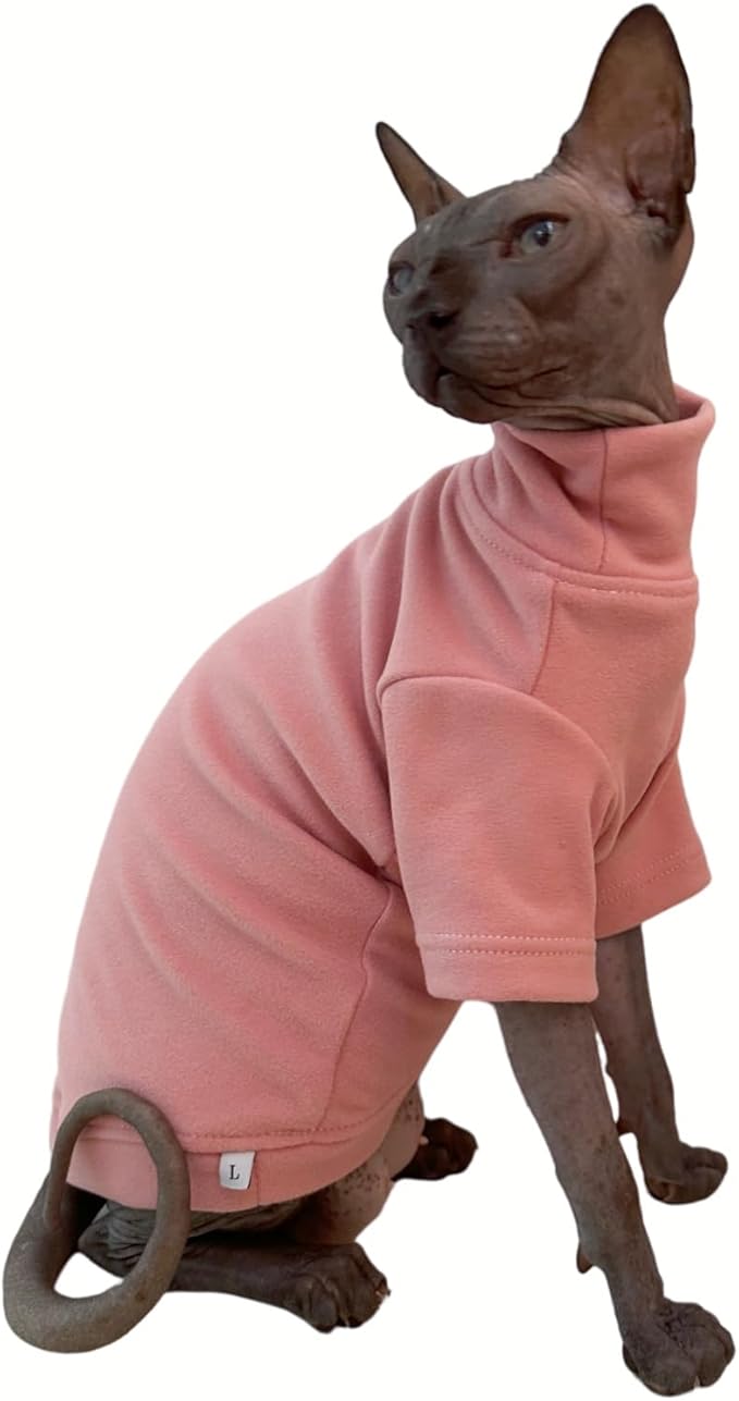 Sphynx Cats Solid Warm Fleece Shirt Cat Turtleneck Undershirt Thermal Hairless Cat Clothes for Sphynx, Devon, Cornish Cat Clothes and Small Kitten and Dogs (Pink, Small)