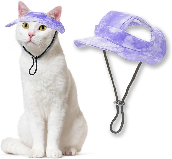 Pet Hat with Ear Holes Sunscreen Cap, Adjustable String Dog Cat Summer Sun Hat,Cat Dog Bucket Hat for Birthday Party Costume Decoration Outdoor Hiking (Purple, Large)