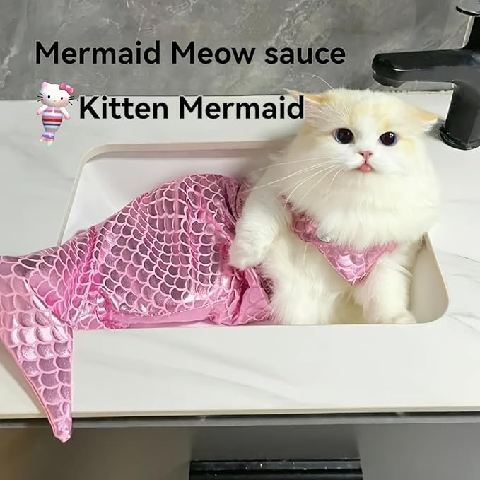 Cat Mermaid Costume - Funny Creative Decorative Clothing for Small Dogs or Cats, Photo Props and Party Supplies (Pink)