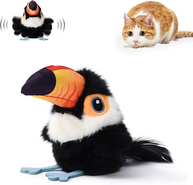 Petgravity Flapping Bird Cat Toy (No Flying), Lifelike Toucan Chirp Tweet Kitten Toy, Rechargeable Touch Activated Cat Toy Interactive Catnip Toy Exercise Toys for All Breeds 5.1" (Black)