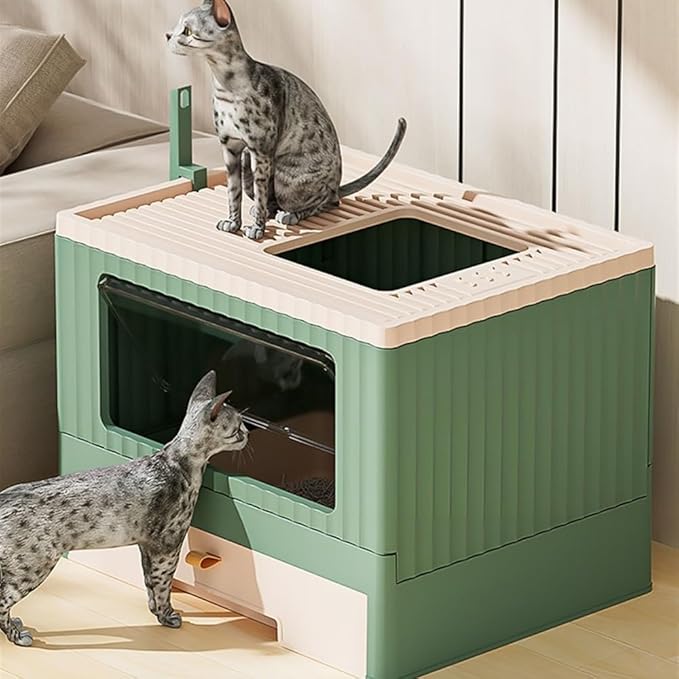 Pet Supplies, Foldable Cat Litter Box with Lid & Scoop,Top Entry Anti-Splashing Enclosed Toilet(Green)