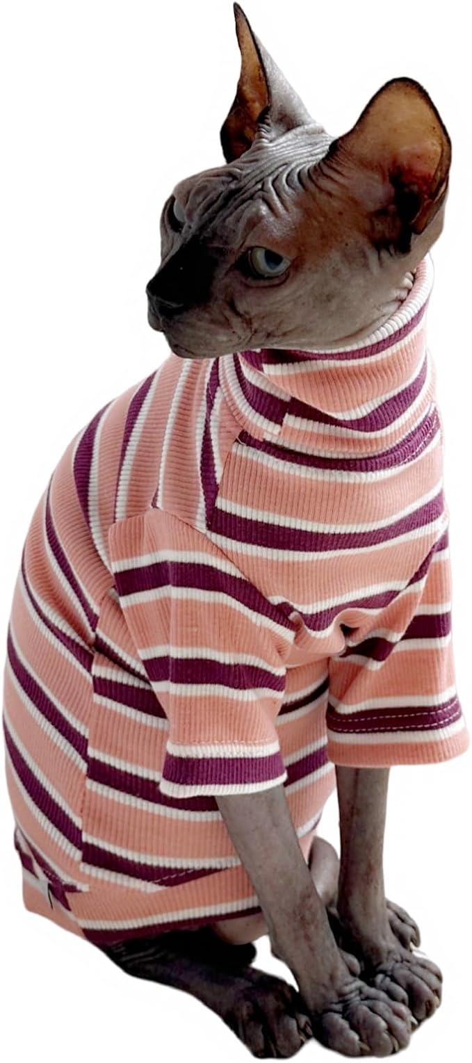 Turtle Neck Vintage Stripes Sphynx Hairless Cat Cotton T-Shirts Pet Clothes Vest Kitten Shirts Sleeveless, Cats & Small Dogs Apparel (Pink, S (3.3-5 lbs))