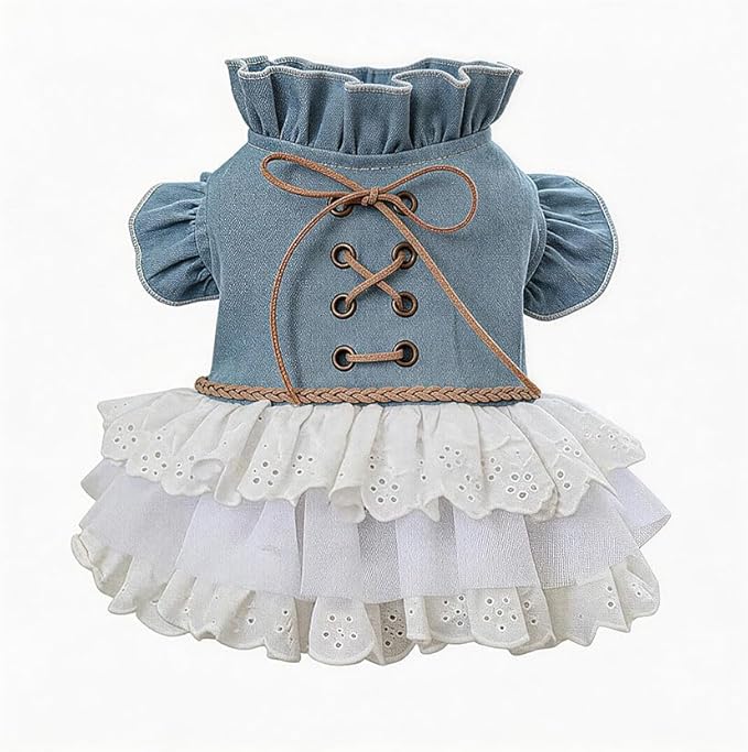 Dog Denim Dress for Small Dogs and Cats, Flared Sleeves Retro Cake Skirt Puppy Clothes, Elegant Pet Apparel for Daily Wear, Parties, Photo Shoots (Blue-Denim, Medium)
