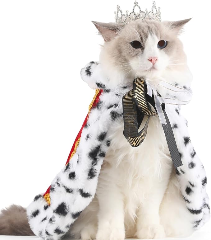 Lovelyshop Pet Serial Majestic Dog/Cat Costume Collection with Lux Velvet Cloak and Silver Pearl Crown Set for Halloween,King Queen Prince and Princess Cosplay-S