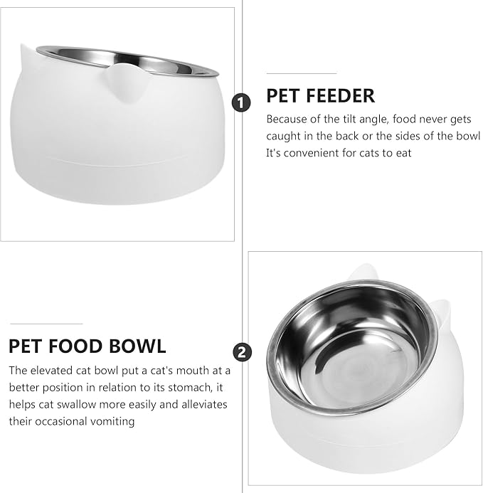 UPKOCH 200ml Anti-Spill Stainless Steel Cat Bowl with Neck Protection and Tilted Design, Small White Pet Feeding and Watering Bowl for Cats