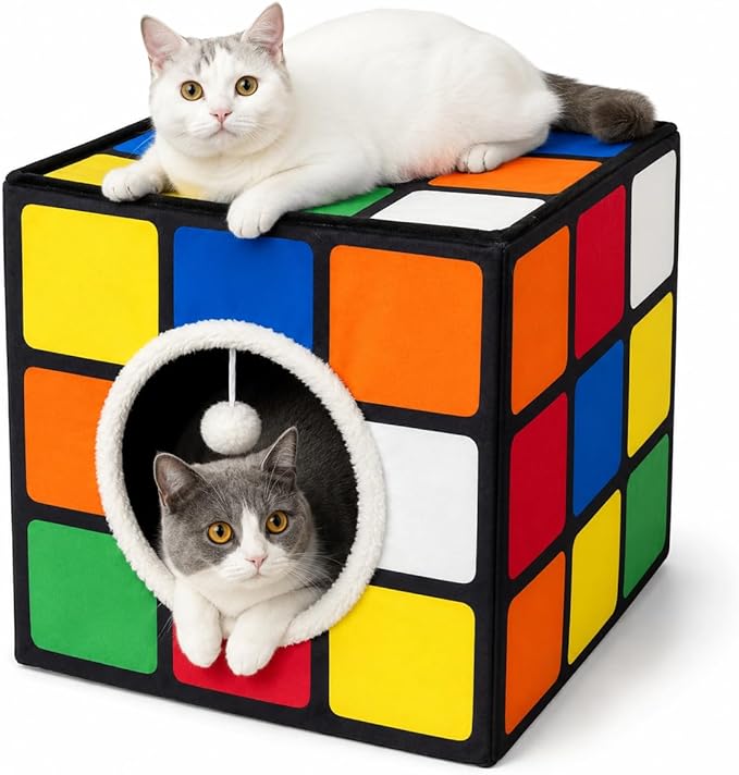 Cat Condo House with Reversible Cushions and Fluffy Ball Hanging, Foldable Magic Cube, Large Cave Bed for Indoor Cats, Unique Puzzle Shape Lagre 16.5“ x 16.5" x 16.5”