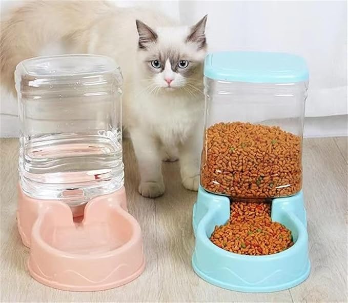 Pet Feeding Bowl and Water Dispenser with Refillable Storage Container Self-Dispensing 1 Gallon Large Capacity Cat Feeder, 3.8 Liters Capacity Dog Rabbit Waterer (Pink, for Food)