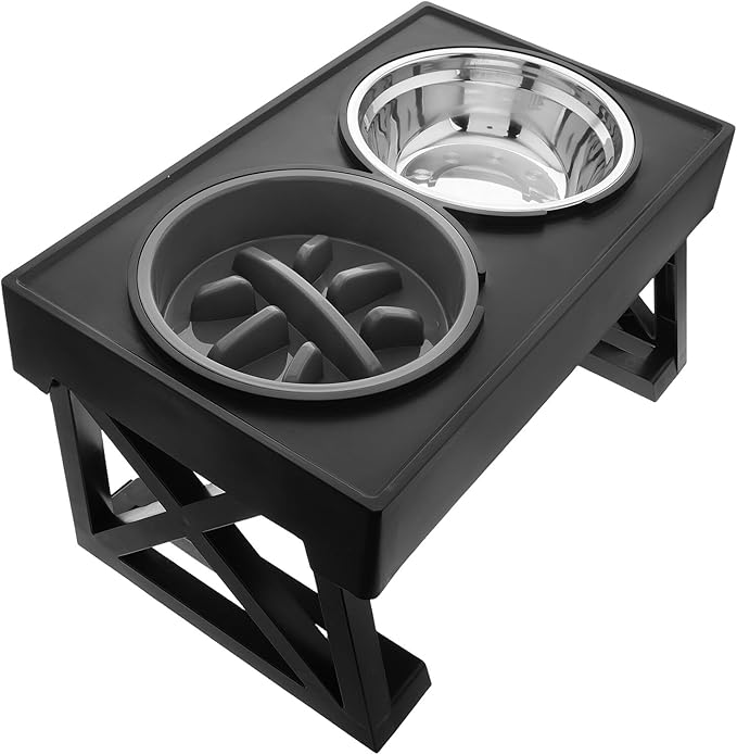 Beaupretty Elevated Double Pet Bowl Set Stainless Steel Slow Feeder with Adjustable Stand for Cats and Small Dogs Feeding and Watering Supplies