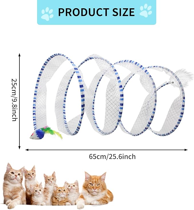 Andiker Cat Tunnel Toy, 10 inch Collapsible Metal Cat Spring Toy with Nylon Mesh, Feather, Mouse, and Bell, Interactive Cat Toys for Indoor Cats to Scratch, Puzzle, Relax and Kill Time (Blue)
