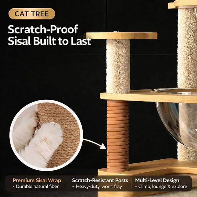 Cat Tree for Indoor Cats, 57" Large Modern Cat Tower with 2 Acrylic Space Capsule Perches, Wooden Cat Condo, Sisal Scratching Posts, Easy-Climb Ladder & Hanging Toys, Cat Activity Tree for Large Cats