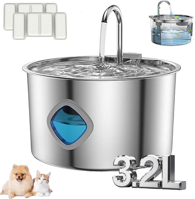2026 New Dog Water Fountain (3.2L/108OZ), Quadruple Filtration, 304 Stainless Steel Cat/Dog Water Fountain, Super Quiet Smart Automatic Circulating Pet Feeder (1PC+2Filters)