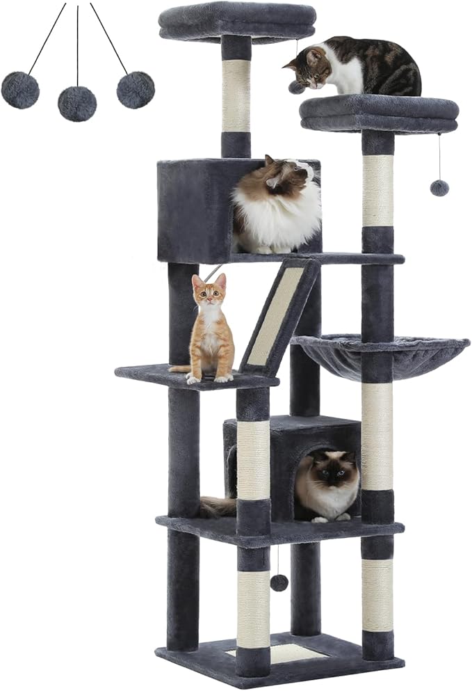 MUTTROS Cat Tree, 70.9-inch Large Cat Tower with 2 Condos, 2 Top Perches, Hammock & 6 Scratching Posts for Indoor Cats, Dark Gray