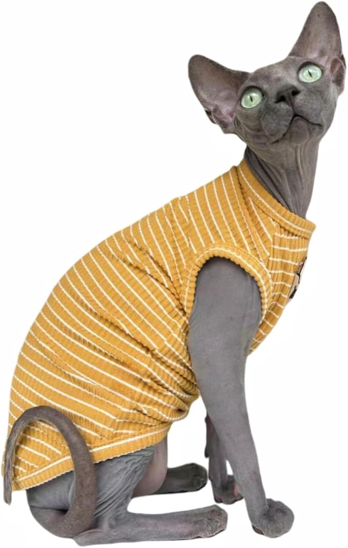 Sphynx Cat Clothes Vest for Hairless Cat, Rib Knit Stripe Cats T-Shirt Apparel, Kitten Summer Cotton Shirts Sleeveless for Cornish Rex, Devon Rex, Peterbald (Ginger, S (3.5-5 lbs))