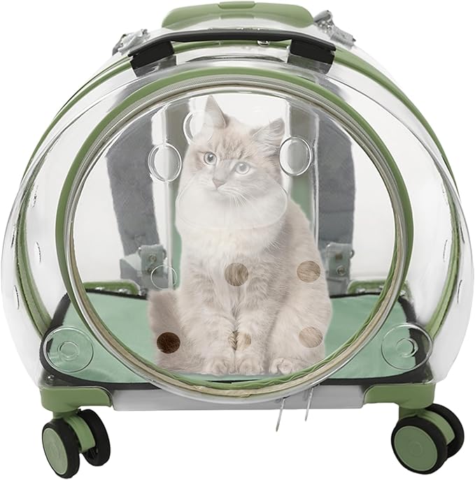 Cat Backpack Carrier, 17.7in Transparent & Fully Breathable Dog/Cat Carrier with Rolling Wheels + Telescopic Handle, Applicable Cat Weight 20 Lbs for Traveling, Taking A Walk. (Green)