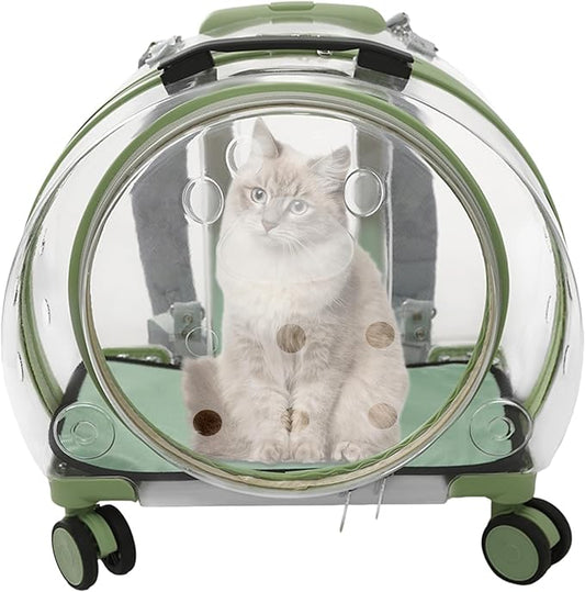 Cat Backpack Carrier, 17.7in Transparent & Fully Breathable Dog/Cat Carrier with Rolling Wheels + Telescopic Handle, Applicable Cat Weight 20 Lbs for Traveling, Taking A Walk. (Green)