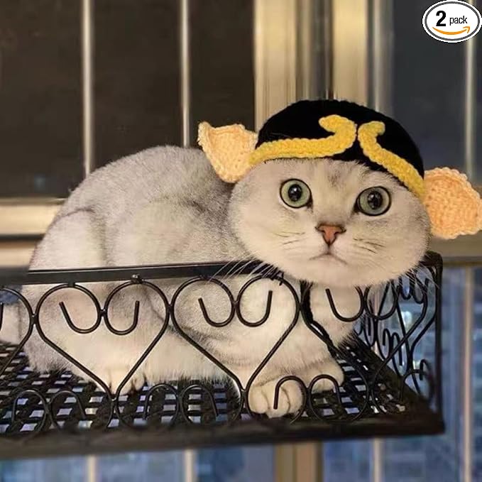 2Pcs 0-2.5kg 2.5kg-5kg Pet Cat Costume Hat with Ear Design, Black and Yellow Knitted Cap with Tassels