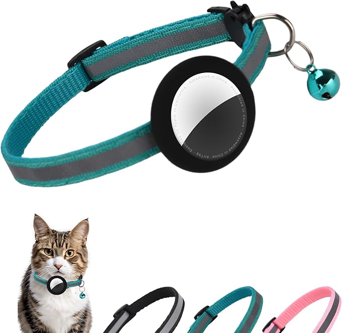 Reflective Cat Collar Fits for AirTag Holder, Breakaway Safety Buckle, Bell & Adjustable Strap for Cats Kittens - Compatible with Apple AirTag, Anti-Lost Pet Tracker Collar,Teal