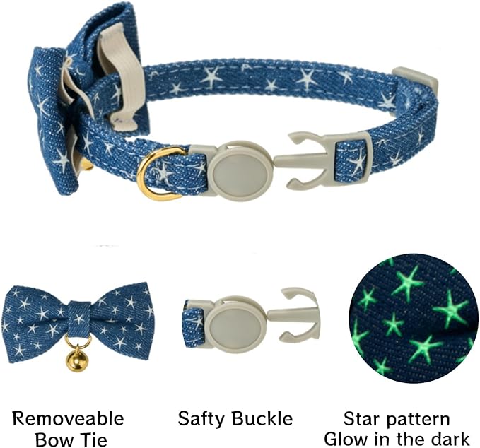 2 Pack Cat Collars with Bell,Glow in The Dark,Cute Star Bow Tie Collar for Cats,Adjustable Safety Breakaway Kitten Collar for Night Walking & Outdoor Use(Adult Cat,GD Star Blue)