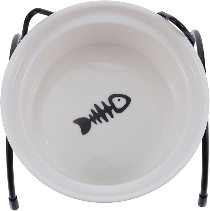 Ceramic Cat Bowl with Raised Iron Bracket, High Base Pet Food Feeder Set, White Fish Bone Bowl and Black Cat Ear Stand for Neck Protection and Indoor Feeding