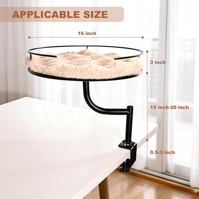Cat Desk Bed - 360° Rotating & Adjustable Desk Cat Bed Attachment for Small Workspace, Supports 45 lbs, Washable Soft Thick Fur Mat, Large Kitten Nest Furniture for Office Desk Game Table