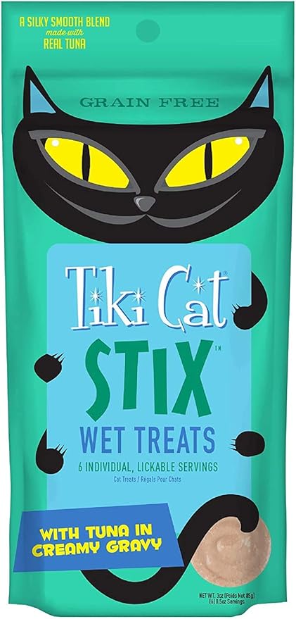 (4 Pack) Tiki Cat Stix Wet Treats, Grain Free Lickable Silky Smooth Blend in Tuna and Chicken Creamy Gravy, Topper or Treat with 10ct Pet Wipes