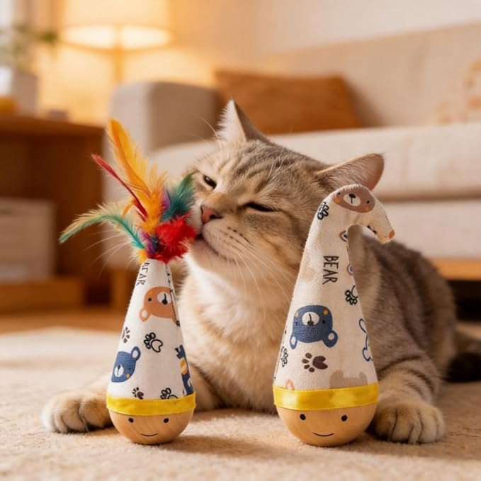 Wooden Interactive Cat Toy, 2 Pack Tumbler Wobble Toy for Indoor Cats and Small Dogs, Self-Righting with Colorful Feathers