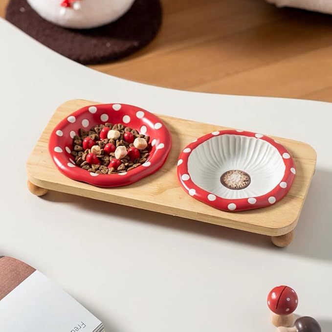 Ceramic Slow Feeders Cat Bowl Set with Wooden Stand, Elevated Pet Slow Dishes Protects Pet's Gut and Neck, Suitable for Kittens and Pubby to Eat Dry and Wet Food