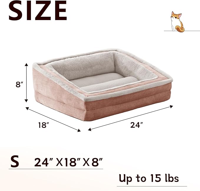 Laojin Balhen Cat Couch for Pets, Washable Cat Beds for Indoor Cats, Super Soft Plush Supportive Dog Couch Bed for Puppy and Kitten with Anti-Slip Bottom, 24inch, Pink