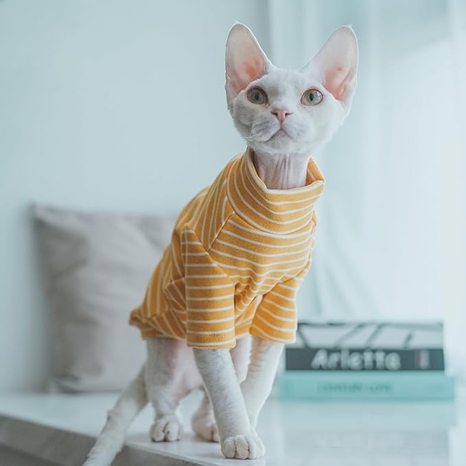 Sphynx Cats Warm Fleece Shirt Cat Turtleneck Undershirt Thermal Hairless Cat Clothes for Sphynx, Devon, Cornish Cat Clothes and Small Kitten and Dogs (Yellow Bold Stripe, X-Large)