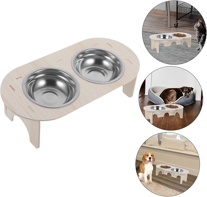 1set Elevated Bowls Stable Base Wood Stainless Steel Raised Feeder for Cats and Dogs Spill Design for Easy Feeding and Watering