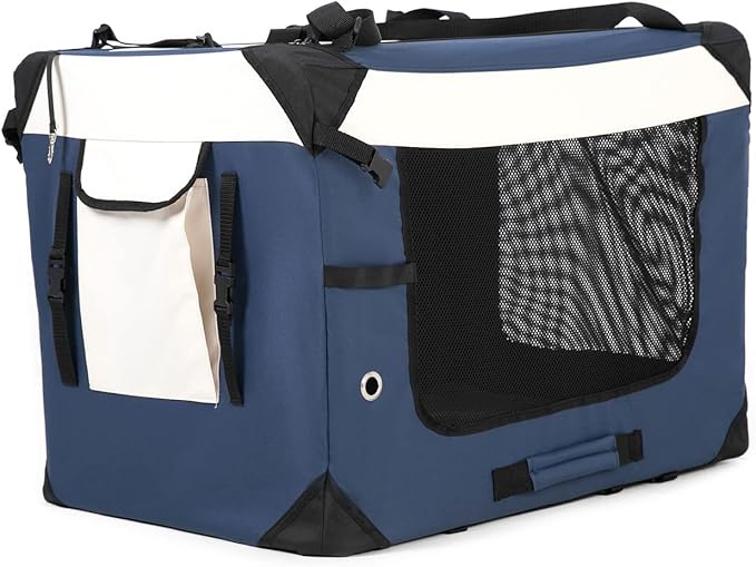 Large Cat Carrier, Collapsible Dog Travel Crate Portable Soft-Sided Pet Carrier with Super Soft Warm Plush Mat for Indoor and Outdoor 20x14x14in,Navy Blue