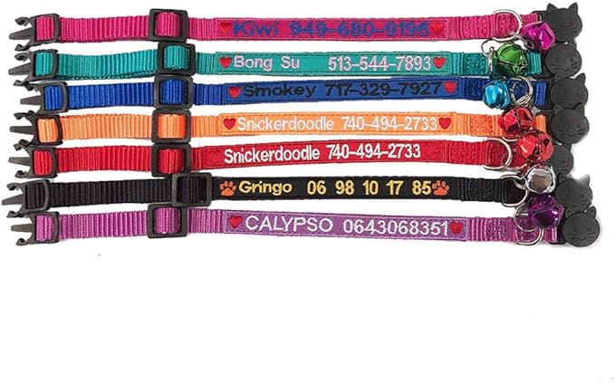 Personalized Cat Collar Embroidered Pet Name and Number Kitten Collar with Bell & Breakaway Safety Buckle