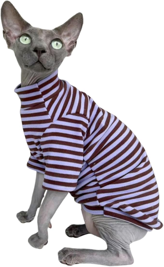 Sphynx Cats Warm Fleece Shirt Turtleneck Undershirt Thermal Hairless Cat Clothes for Sphynx, Devon, Cornish Cats Clothes and Small Kitten and Dogs (Violet & Brown, M (5.5-7 lbs))