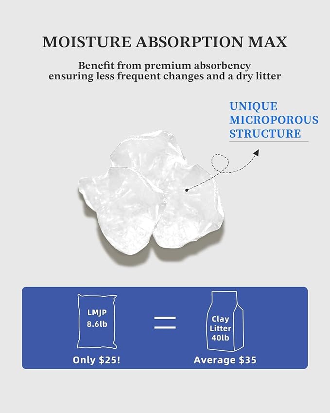 LMJP Crystal Cat Litter with Powerful Odor Control, Non-Clumping, Lasts Up to 2 Months, 8.6lb, Rapid Water Absorption, Unscented & Low Tracking Lightweight White Silica, 2 Pack of 4.3lb