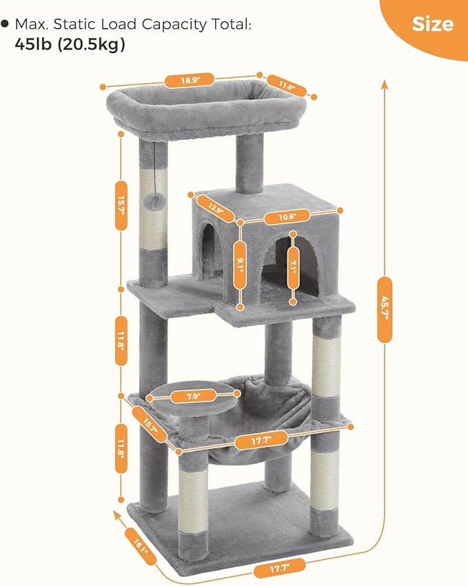MUTTROS Cat Tree for Indoor Cats, 45.7" Multi-Level Cat Tower with Large Metal Frame Hammock, Cat Condo with 4 Scratching Posts and Top Perch for Small Medium Kitty, Grey