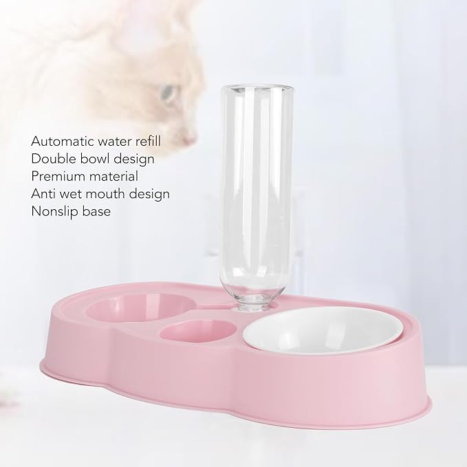 Double Pet Bowl Set, Non - Slip Stable 2-in-1 Food & Water Bowl with Automatic Water Dispenser Bottle, Feeding Station for Cats, Small Dogs and Mini Pets (Pink)