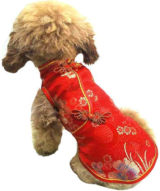SEIS Pet Costume Tang Suit Dog Cheongsam Satin Clothes Chinese Style Clothing for Dogs Pet Skirt Puppy Cats Dress Dog Vest Tshirt (Red, XS)