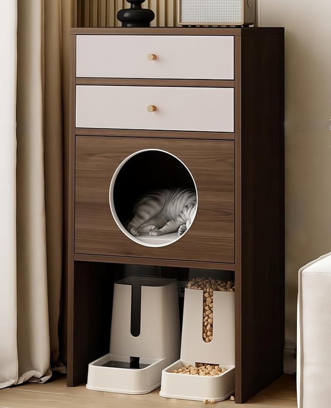 Multi-Function Cat House Furniture, Solid Wood Cat Condo with Storage Drawer, Pet Bed & Feeding Area, Compact Cat Cabinet (Walnut & Khaki,19.6" L*15.7" W*41.3" H)