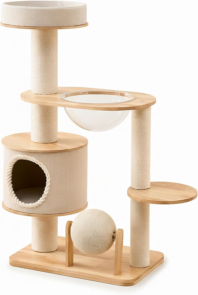 45IN Wooden Cat Tree for Large Indoor Cats, Multi-Level Cat Tower with Wide Base, Rubberwood Cat Condo, Space Capsule Bed, Scratching Posts, Reversible Mats & Modern Cat Furniture