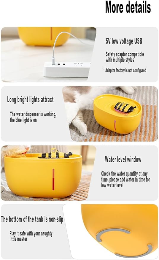 70oZ(2L) Water Fountain for Cats with Candy-Shaped Spout, 4-Layer Filter, Silent Pump, and Anti-Slip Base - Enhance Your Cat's Drinking Experience! (bee-Yellow)