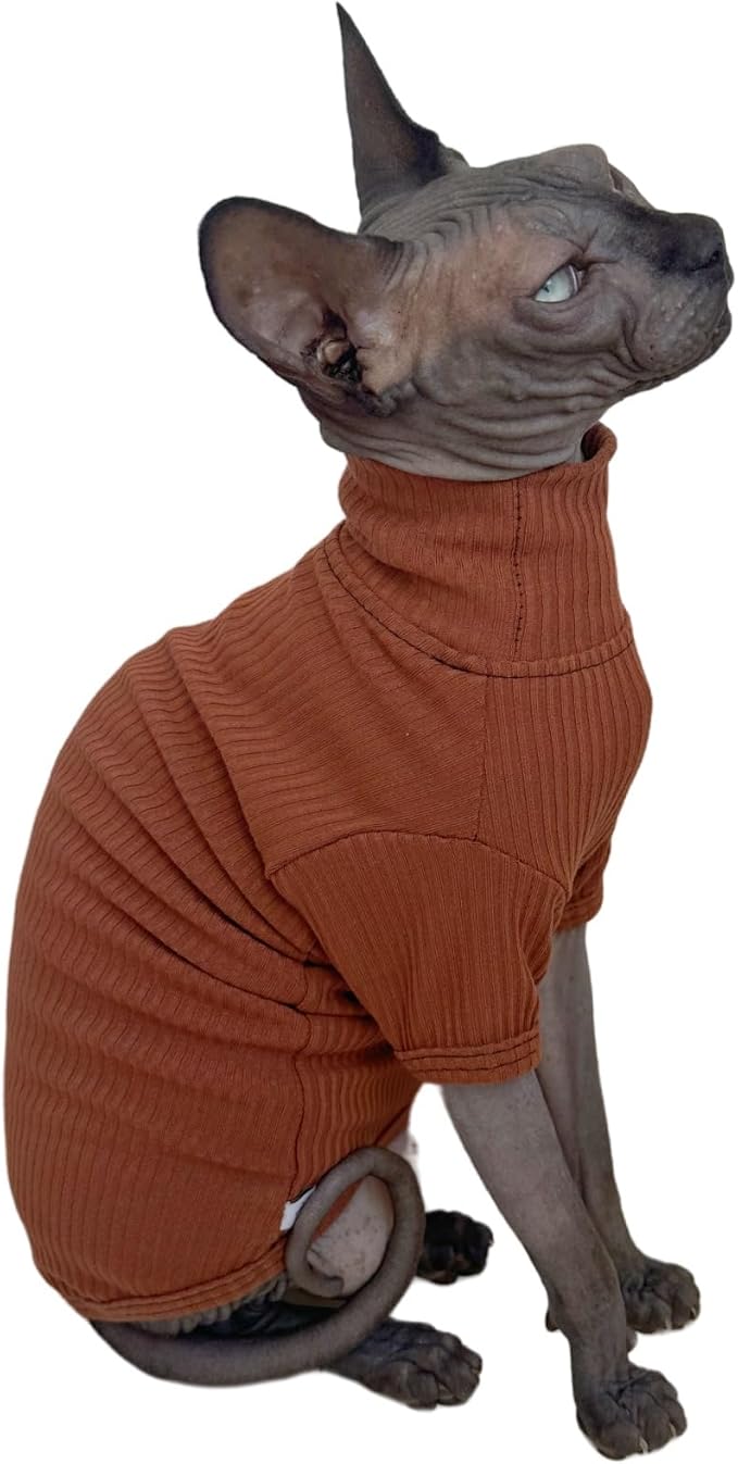 Sphynx Hairless Cats Shirt Cat Turtleneck Sweater Long Sleeves Kitten T-Shirts for Sphynx Cornish Rex, Devon Rex, Peterbald (Coffee,M)