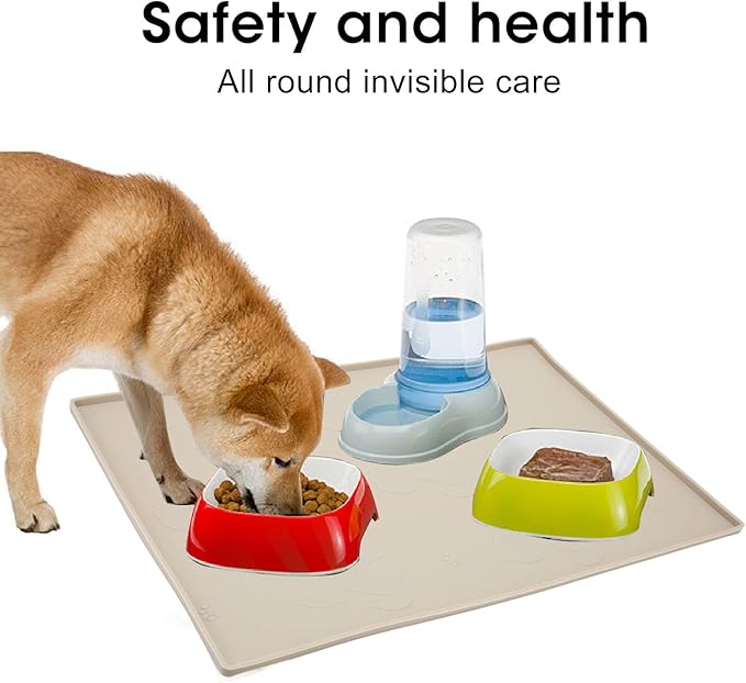 Dog Feeding Mat, Waterproofed Cat Food Mats, Anti Slip Silicone Cat Dog Food Mat for Messy Drinkers to Protect Floors (Beige)