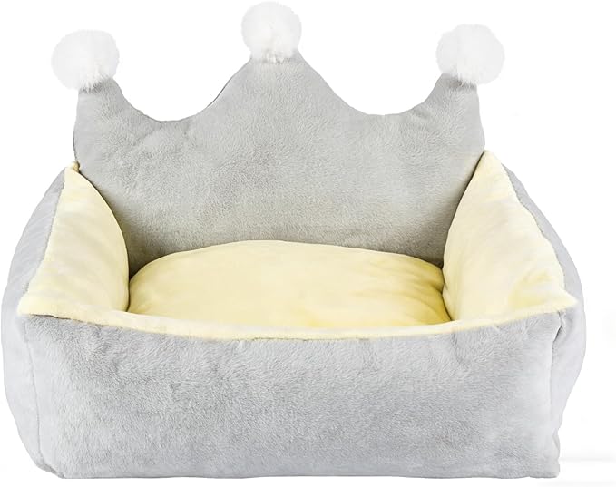 Cute Crown Pet Beds for Dogs Cat,Fashionable Luxurious Crown Cat Princess Beds Winter Warm Puppy Cat Sofa Bed Soft Upholstered Plush Sofa,Durable Washable Anti-Slip Dog Beds (Grey, S-Below 4.0kg)