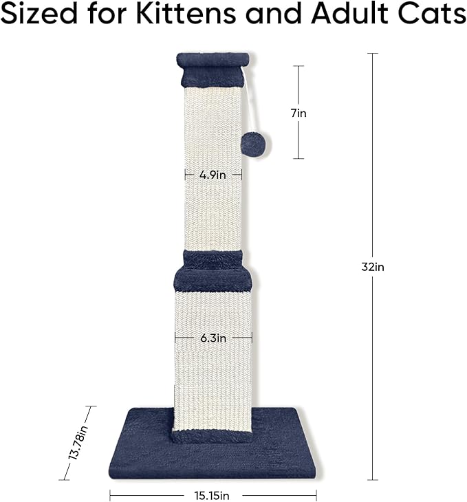 32 Inch Cat Scratching Post for Large Cats, Cat Scratcher for Indoor Cats Adults, Sturdy Sisal Scratch Post to Protect Furniture, Blue