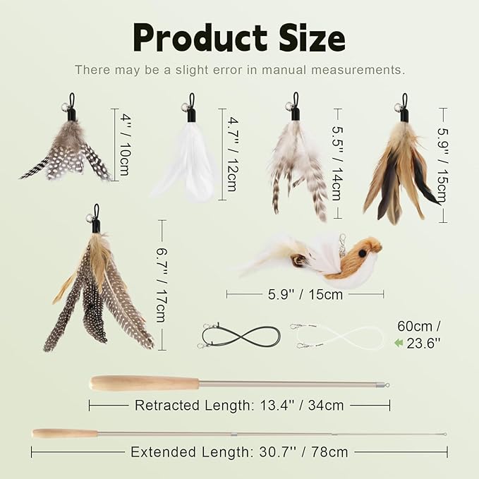 SONGWAY Interactive Cat Feather Toys - Cat Wand Toy Set with Retractable Teaser Wand and 6 PCS Natural Feather Refills, Da Bird Cat Toys for Indoor Cats Kittens