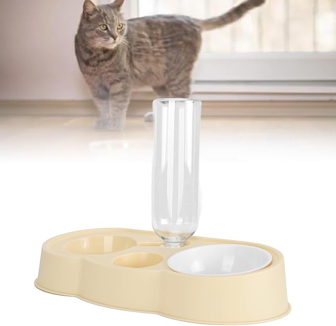 Double Pet Bowl Set, Non - Slip Stable 2-in-1 Food & Water Bowl with Automatic Water Dispenser Bottle, Feeding Station for Cats, Small Dogs and Mini Pets (Yellow)