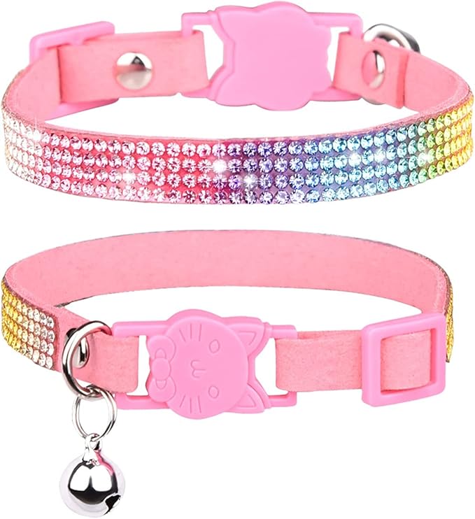 CHUKCHI Cat Collar Breakaway Bling Diamond Rhinestone with Bell Adjustable for Cats and Kitten Girl boy (Pink)