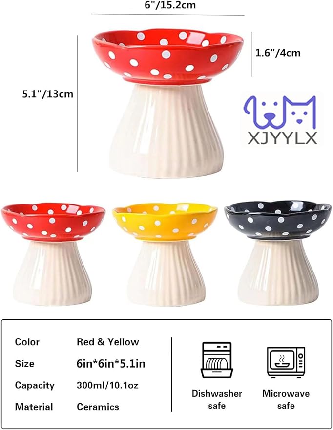 Mushroom Elevated Cat Bowls Ceramic, Raised Cat Bowl for Indoor Cats, Cute Whisker Fatigue Cat Bowl, Raised Dog Bowls Stand for Food and Water, Red 6" Wide for Adult Cats