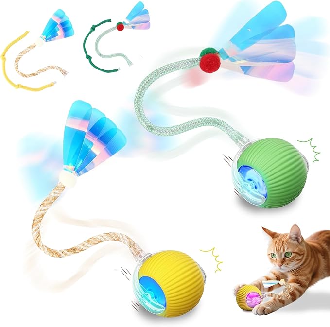 2PCS Interactive Cat Toys Smart Ball for Cats and Dogs, 360° Automatic Rolling Chase, 2 Rapid-Action Tails, designed for indoor pet exercise, boredom relief, and fun chase play.（Yellow＆Green）
